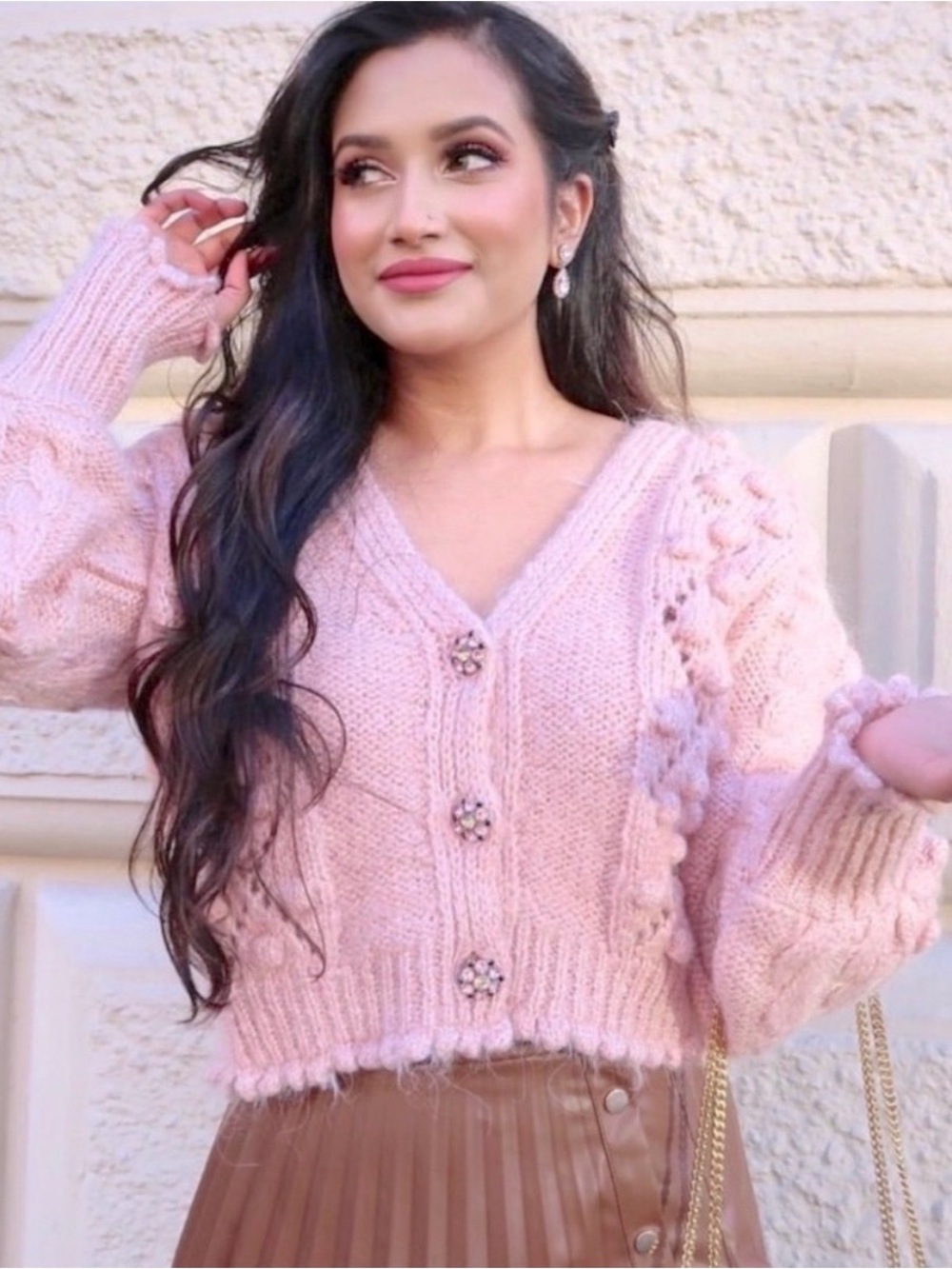 ZARA Jeweled Button Knit Cardigan Sweater Pink Alpaca Wool S Boho Preppy Soft - Picture 8 of 16
